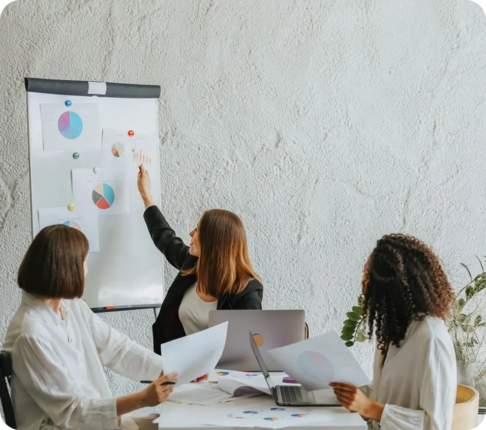 Team collaborating on analytics in an office